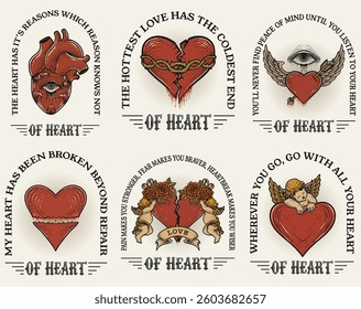 Set retro heart with rose and cupid angel good for t shirt, poster, etc