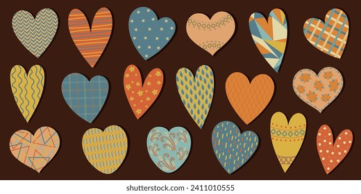 Set of retro hearts in vintage style with graphic ornament on brown background. Cottage core vector illustration for product design, Valentine’s Day decoration.