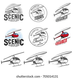 Set of retro helicopter related emblems, labels and design elements. Isolated helicopter on white background