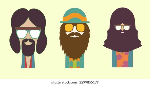 Set of retro hippie groovy characters - stylized men with glasses and beard