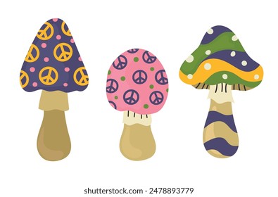 Set of retro hippie psychedelic mushrooms in 60s 70s style. Groovy and funky fungus