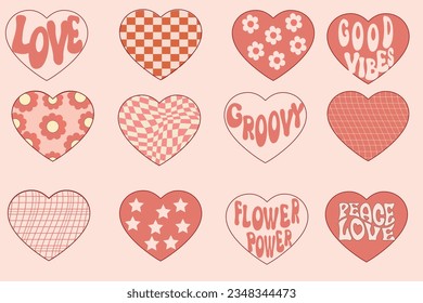 Set of retro hippie romantic heart stickers. Groovy design elements for Valentines day. Groovy hippie 70s set.  Sticker pack in trendy retro cartoon style. Vector illustration