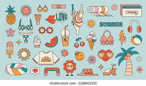 Set retro hippie stickers and 60s  70s style elements  Collection cute nostalgic vintage icons in groovy style  Daisy flowers and smile face  ice cream  sunglasses vector illustration 