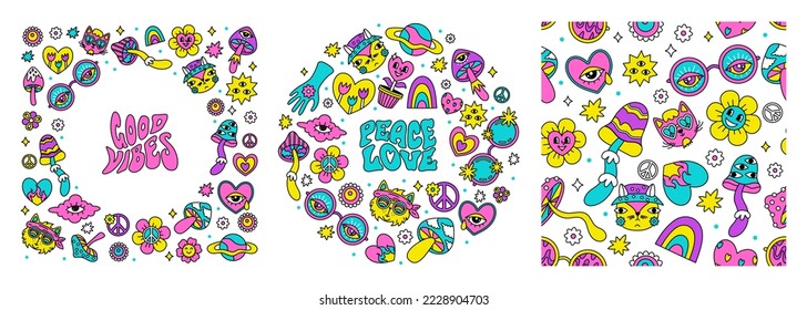 A set of retro hippie style templates. hallucinogenic frames and seamless pattern for a bright background.