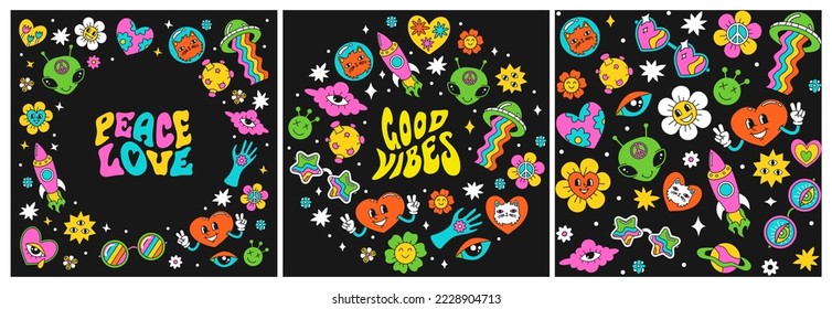 A set of retro hippie style templates. Vintage frames and seamless pattern for the background. Funny and childish