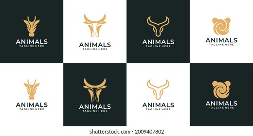 Set of retro hipster silhouette animal logo. Logo can be used for icon, brand, identity, sign, taurus, bear, giraffe, horn, wild, and head