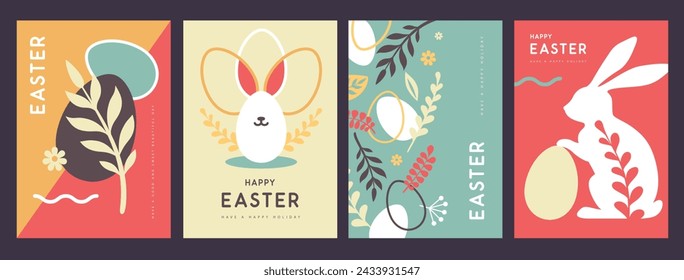 Set of retro holiday flat Easter posters with rabbit ears, Easter eggs, willow branch and floral elements. Vector illustration