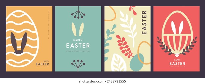 Set of retro holiday flat Easter posters with rabbit ears, Easter eggs, willow branch and floral elements. Vector illustration