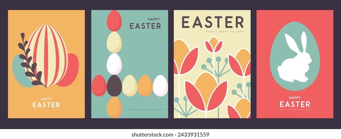 Conjunto de carteles de Pascua plana de vacaciones retro con silueta de conejo, huevos de Pascua, rama de sauce y elementos florales. Ilustración de vector