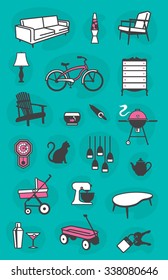 Set of retro home vector icons of common household items including furniture and fixtures. Fully scalable and editable.