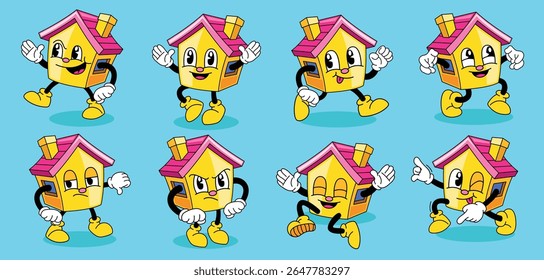 Set of retro house cartoon pose character illustration