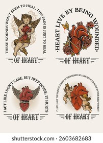 Set retro human heart with rose and cupid angel good for t shirt, poster, etc