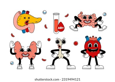 Set of retro human organs in funny comic cartoon style, gloved hands. Contemporary illustration with cute comic book characters. Doodle comic characters. contemporary cartoon style.
