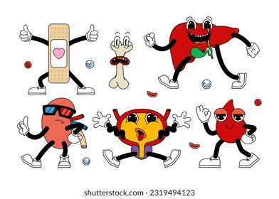 Set von Retro-menschlichen Organen in lustiger Comic-Cartoon-Stil, Handschuhe. Zeitgenössische Illustration mit süßen Comicbuchfiguren. Doodle-Comic-Figuren. zeitgenössischer Cartoon-Stil.