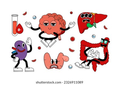 Set of retro human organs in funny comic cartoon style, gloved hands. Contemporary illustration with cute comic book characters. Doodle comic characters. contemporary cartoon style.