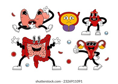 Set of retro human organs in funny comic cartoon style, gloved hands. Contemporary illustration with cute comic book characters. Doodle comic characters. contemporary cartoon style.