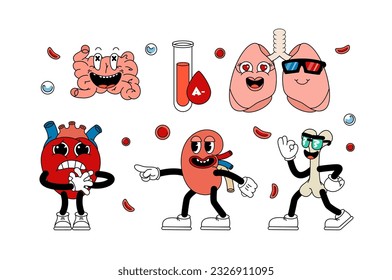 Set of retro human organs in funny comic cartoon style, gloved hands. Contemporary illustration with cute comic book characters. Doodle comic characters. contemporary cartoon style.