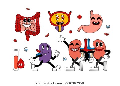 Set of retro human organs in funny comic cartoon style, gloved hands. Contemporary illustration with cute comic book characters. Doodle comic characters. contemporary cartoon style.