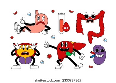 Set of retro human organs in funny comic cartoon style, gloved hands. Contemporary illustration with cute comic book characters. Doodle comic characters. contemporary cartoon style.