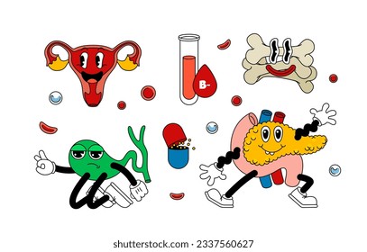 Conjunto de órganos humanos retro en divertido estilo de historietas, manos amadas. Ilustración contemporánea con personajes lindos de historietas. Personajes de dibujos animados Doodle. estilo de caricatura contemporáneo.