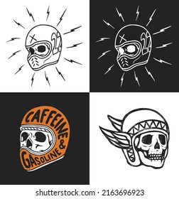 Set of a retro human skull wearing a racing helmet vector clip art