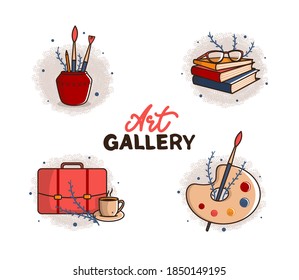 Set of retro icons: a bag, a brush, a glass, a palette, a cup and books. Vintage logo collection for art gallery. Emblems with lettering phrases. This is a vector illustration 