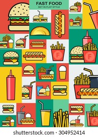 Set of retro icons with fast food burgers. Sandwiches and drinks. 