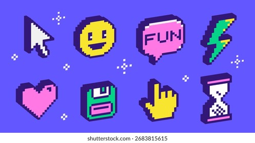 Set of retro icons in pixel art style. Trendy Y2K emojis with heart, cursor, lightning bolt, hourglass, and speech bubble. 8 bit vector illustration collection isolated on background