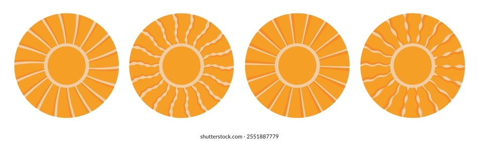 Set of retro icons with sun rays, sun. Vintage bright yellow-orange vector illustration.