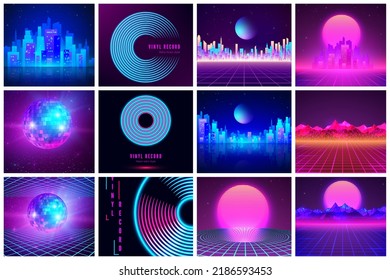 Set of retro illustration 80s. Mirror ball, vinyl record and futuristic landscape. Vector 