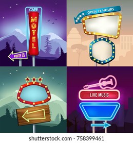 Set of retro illustrations of landscape with lighting neon banners for advertise. Board for motel and shop. Neon banner and signboard motel vector