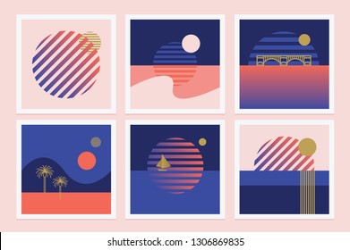 Set of retro illustrations in marine theme with rising sun
