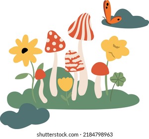 Conjunto de ilustraciones retro con hongos, flores rojas clipart, composiciones vectoriales de Groovy con nubes, sol, luna, estrellas, arcos, montañas con pinturas prediseñadas de estilo plano.