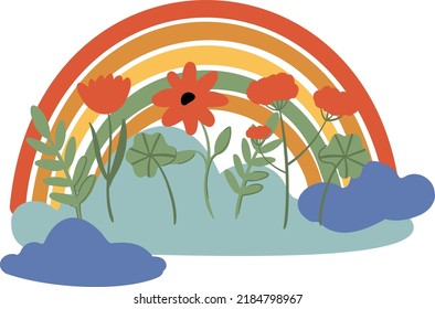 Set of retro illustrations with mushrooms, red flowers clipart, Groovy vector compositions with clouds, sun, moon, stars, rainbows, mountains in flat style clip art.