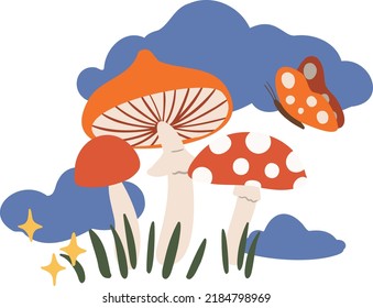 Set of retro illustrations with mushrooms, red flowers clipart, Groovy vector compositions with clouds, sun, moon, stars, rainbows, mountains in flat style clip art.