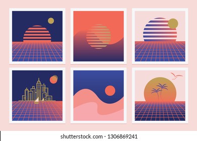 Set of retro illustrations with rising sun