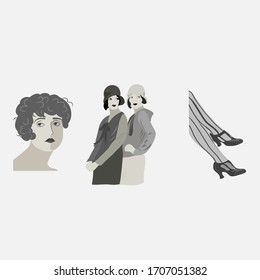 Set of retro illustrations.  Vintage elements.  Vintage portrait.  Fashion 1920. Details of retro clothes. Black and white set.