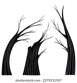 set of retro images of tree silhouettes without leaves, old trees, halloween holiday element, cards, banners, wallpapers, holidays