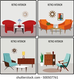 Set of retro interior  rooms in flat style.