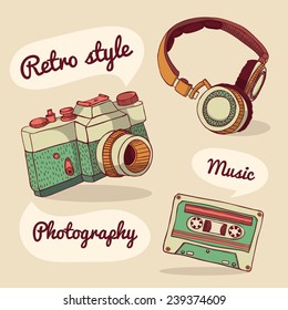 Set of retro items. Camera, headphones, audio cassette.Vector