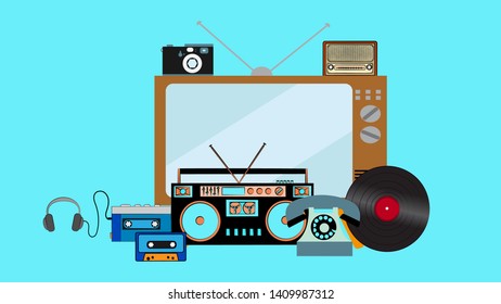 A set of retro items of old vintage hipster electronics technology from the 70s, 80s, 90s tape cassette recorder, player, vinyl, TV, radio, camera, phone on a blue background. Vector illustration