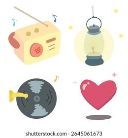 Set of retro items pastel colored radio, lantern, vinyl disc, and heart editable vector design illustration