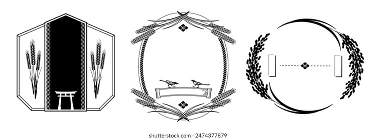 A set of retro Japanese-style labels with rice, wheat and rice motifs. Transparent background.