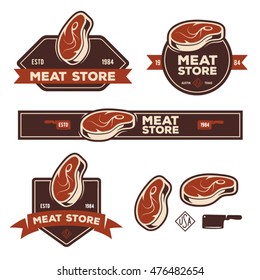 Set of retro labels badges emblems and logo design elements for meat store or butchery market. Vector vintage illustration.