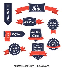 Set of retro labels and banners isolated on white. Vector Illustration. Special offer banner. Premium quality label. Sale stamp. Big Clearance. vector layout