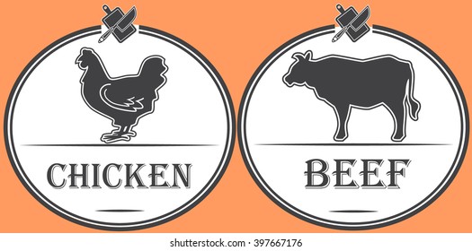 Set of retro labels of chicken and beef meet. Chicken and Beef.  Vector illustration