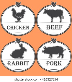 Set of retro labels of chicken, rabbit, pork and beef meet. Chicken, Rabbit, Pork and Beef. Vector illustration
