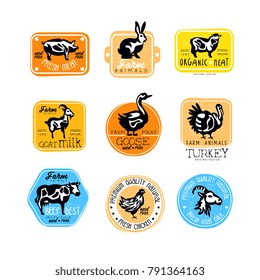 Set of retro labels for dairy and natural meat products. Butcher shop logos. Vector badges with silhouettes of farm animals. Goat milk, fresh pork, beef, rabbit, chicken, turkey