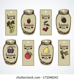 Set of retro labels for fruit jams. Vector illustration.