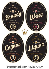 set of retro labels for various alcoholic beverages